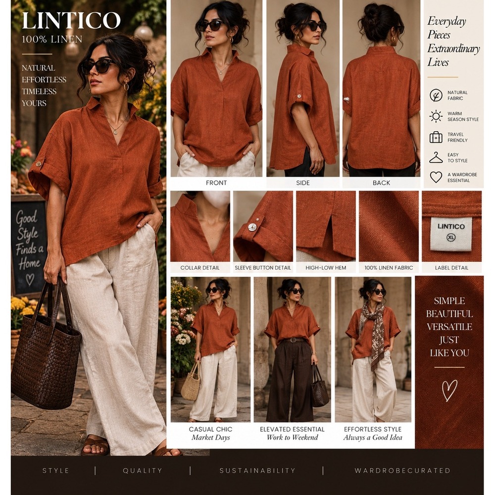 Lintico XL 100% Linen Tunic Top Rust Orange Oversized Boxy V Neck Fall